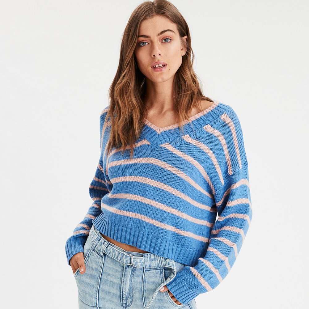 NWT American Eagle Striped V-Neck Pullover Olive Sweater
